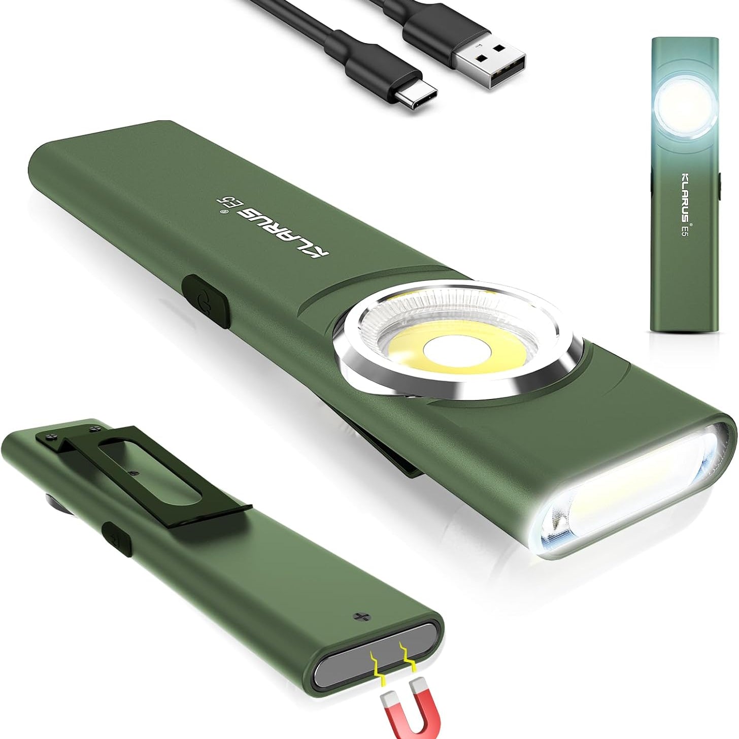 Green flashlight with USB cable on a white background