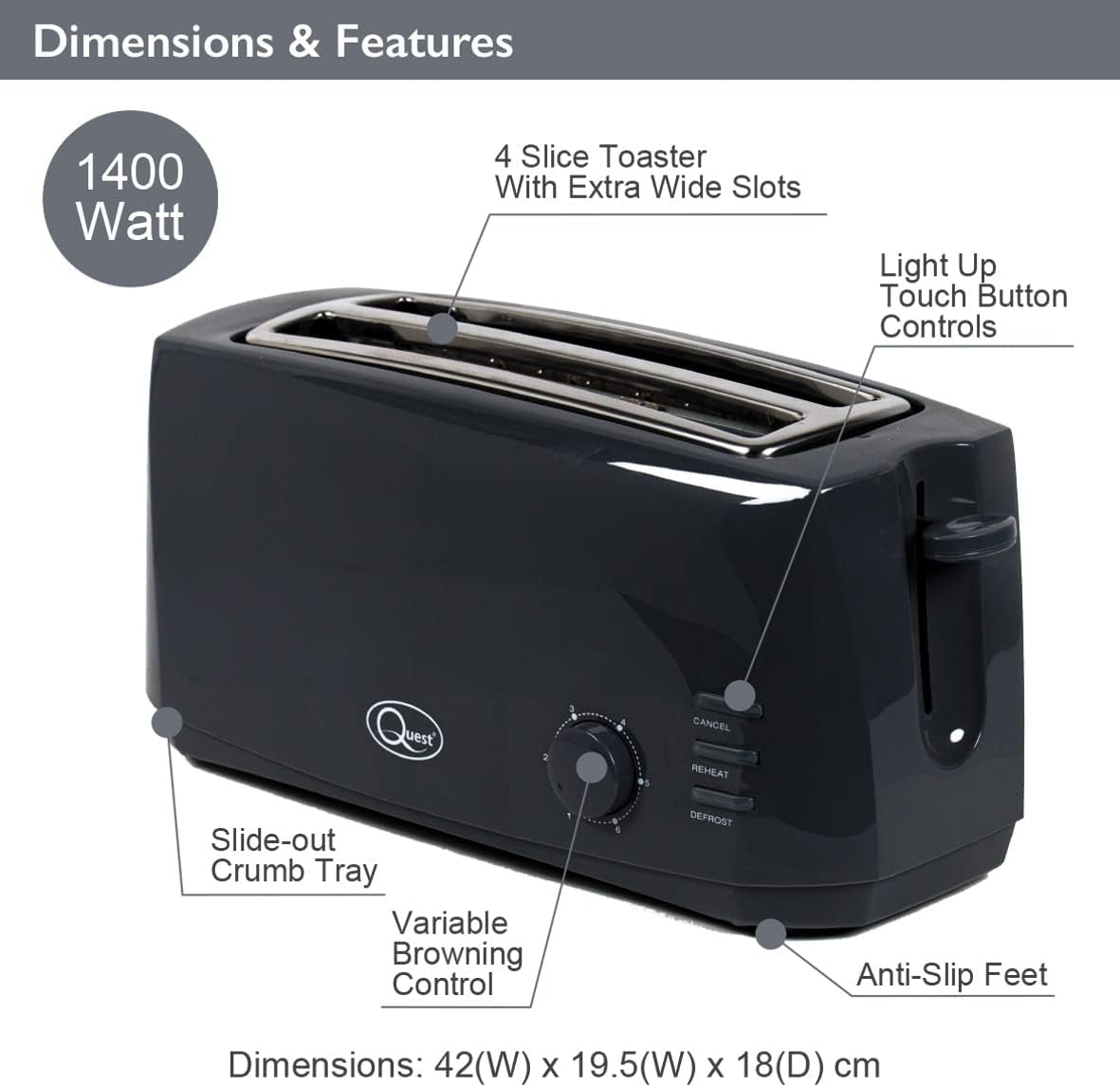 4 Slice Black Toaster – Extra Wide Long Slots for Crumpets & Bagels – 6 Browning Settings – Reheat & Defrost Function
