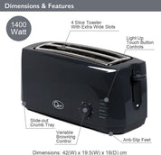 4 Slice Black Toaster – Extra Wide Long Slots for Crumpets & Bagels – 6 Browning Settings – Reheat & Defrost Function