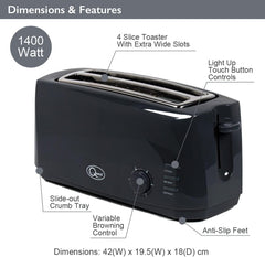 4 Slice Black Toaster – Extra Wide Long Slots for Crumpets & Bagels – 6 Browning Settings – Reheat & Defrost Function