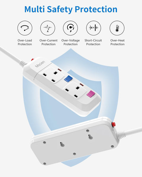 2-Way Extension Lead with Individual Switches, Overload Protection & 1 ...