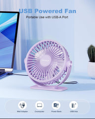 TriPole Desk Fan for Home, Portable USB Handheld Fan 3 Speeds Powerful Table Fan Silent, 360°Adjustable Mini Cooling Fans, Electric small Desktop Quiet Fans for Bedroom, Office, Library, Travel,Purple