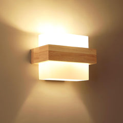 Modern LED Wall Light Indoor, Creative Square Wooden Wall Lamp with Glass Shade, Elegant Wall Sconce for Bedroom, Living Room, Hallway, Dining Room, and Stairs, E27
