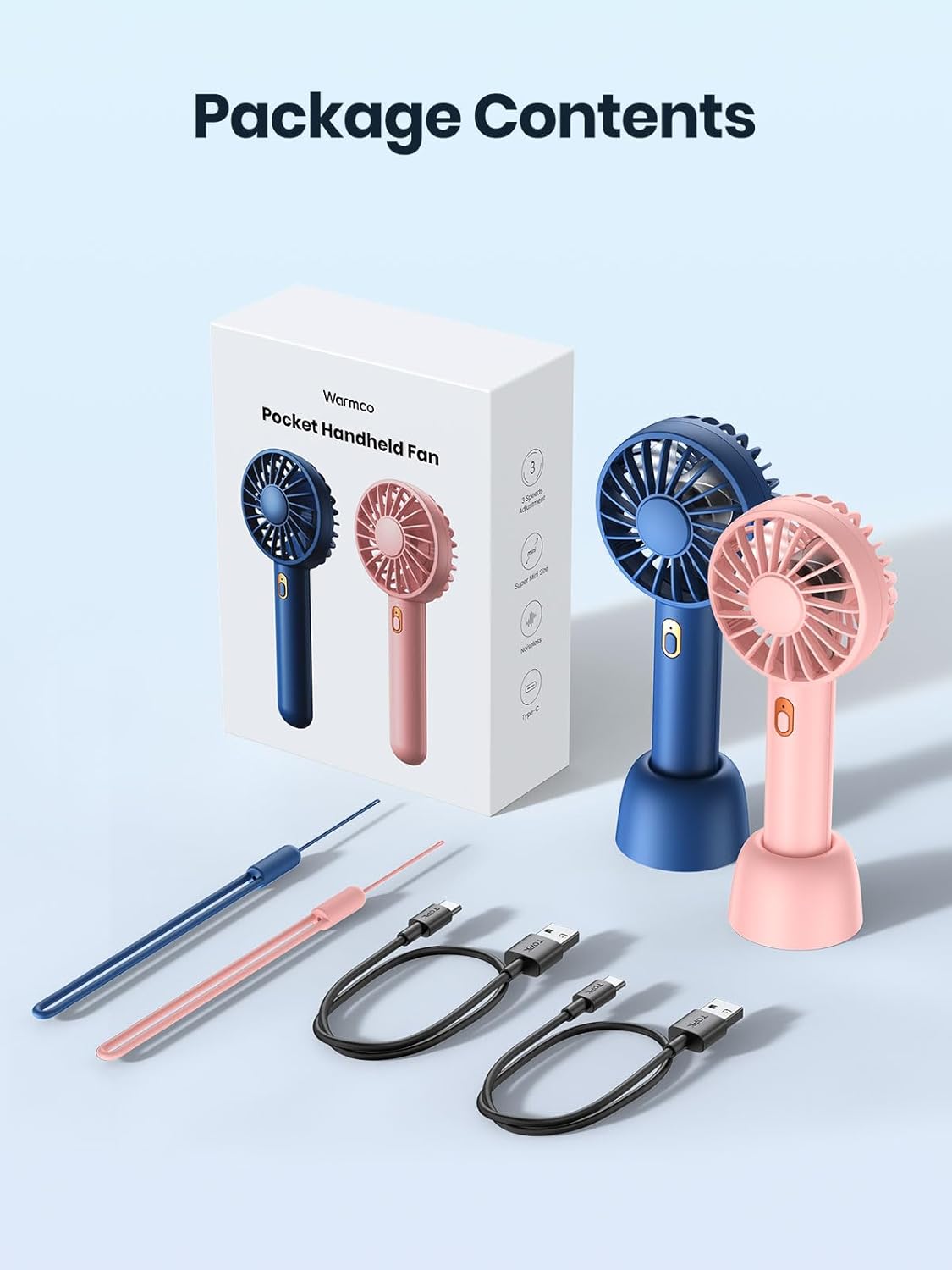 Warmco 2 Pack Mini Portable Handheld Fan, USB Rechargeable 3 Speed Personal Small Desk Fan with Base Lightweight Makeup Travel Beach Indoor Outdoor for Stylish Girl Women