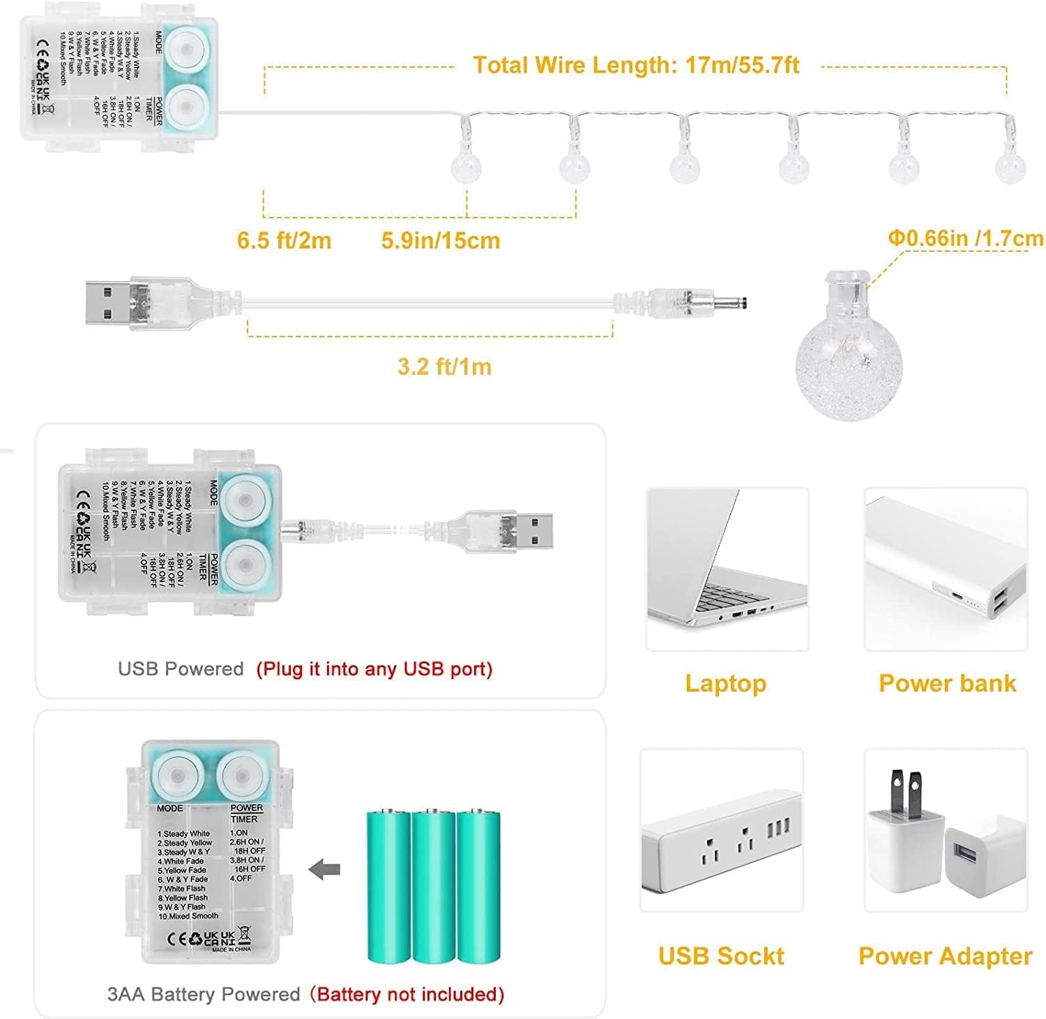 Fairy Lights Battery Operated,15M 100LED Globe String Lights Battery Powered with Remote,10 Modes Waterproof Globe Fairy Lights for Indoor Christmas Halloween Party Wedding Garden, Bedroom Decor