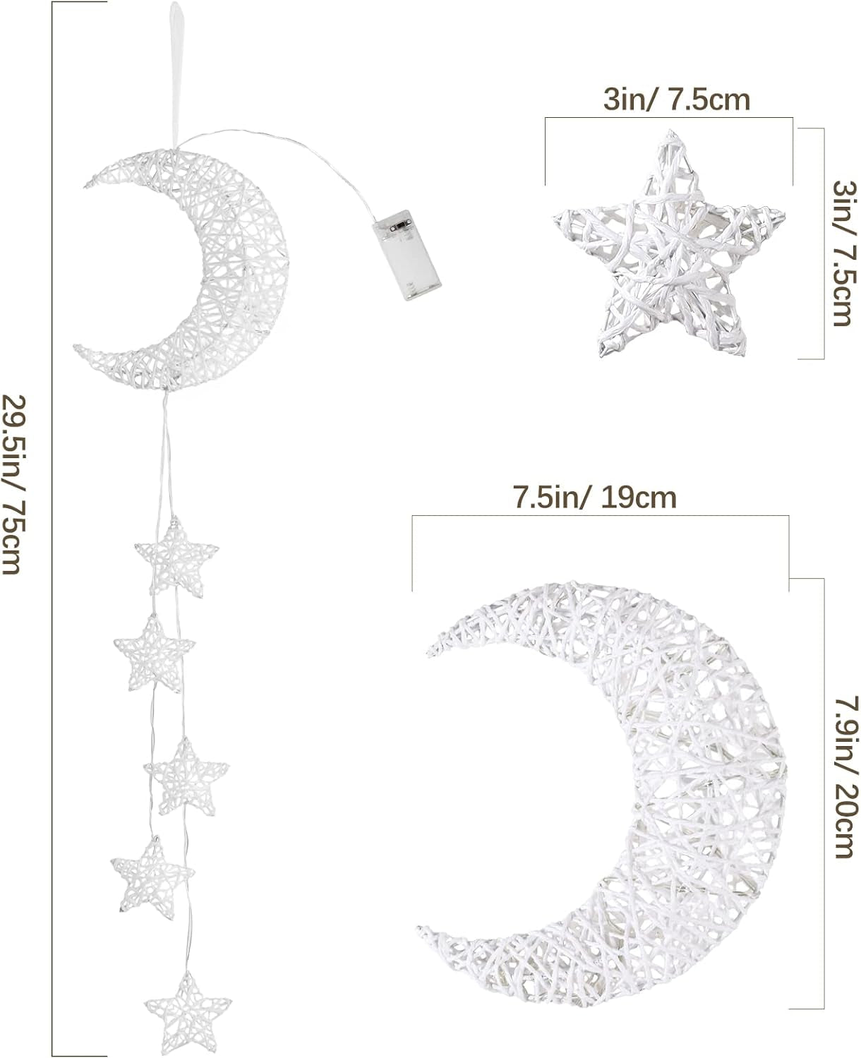 Hanging Moon & Star Fairy Lights, Battery Operated Indoor Decorative Lights with Timer for Bedroom, Window & Ramadan Décor