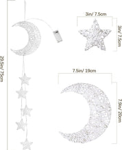 Hanging Moon & Star Fairy Lights, Battery Operated Indoor Decorative Lights with Timer for Bedroom, Window & Ramadan Décor