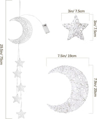 Hanging Moon & Star Fairy Lights, Battery Operated Indoor Decorative Lights with Timer for Bedroom, Window & Ramadan Décor