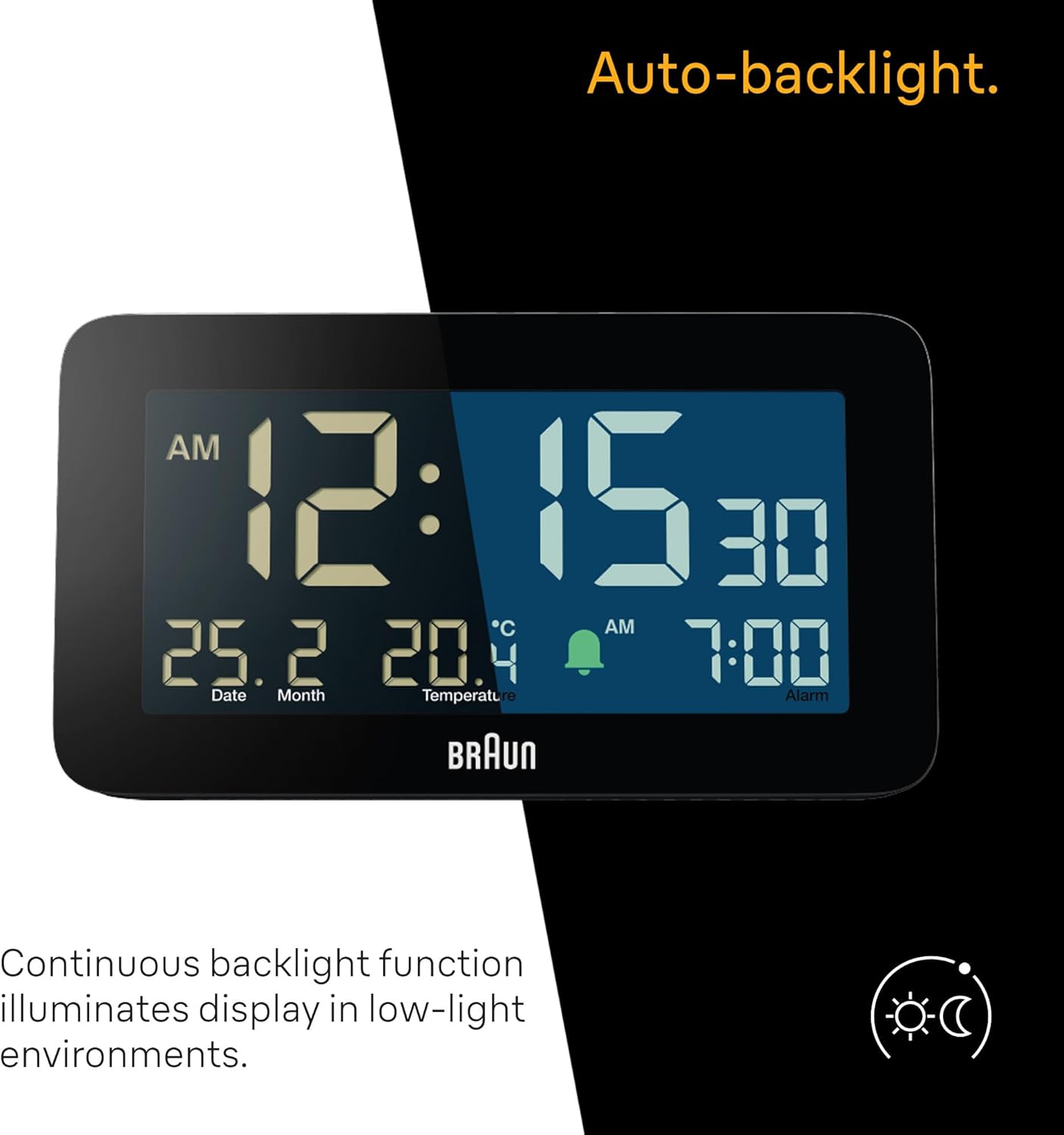 Digital Alarm Clock with Date, Month, Temperature, Negative LCD & Crescendo Beep