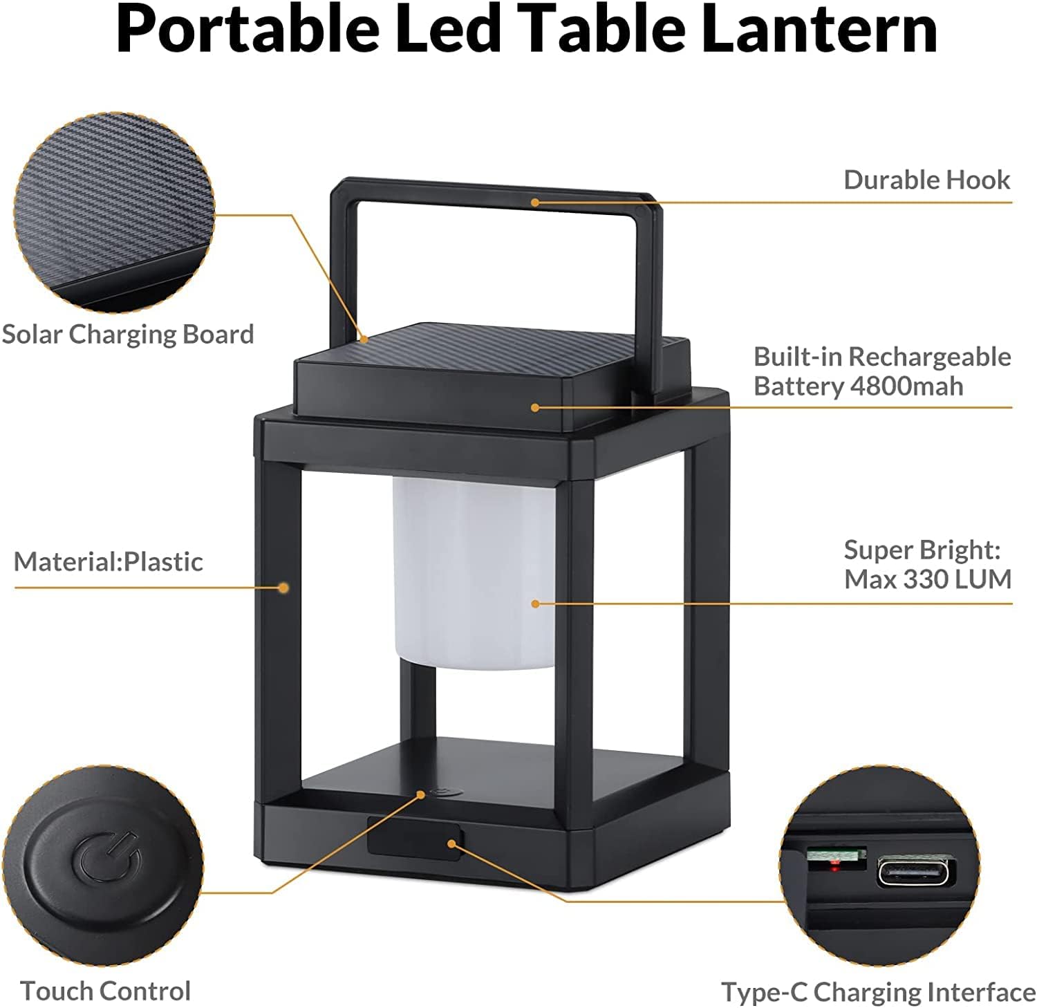 Outdoor Table Lamp, Touch Control Solar Lantern, 3-Level Brightness LED Rechargeable, Waterproof Camping Lantern for Patio