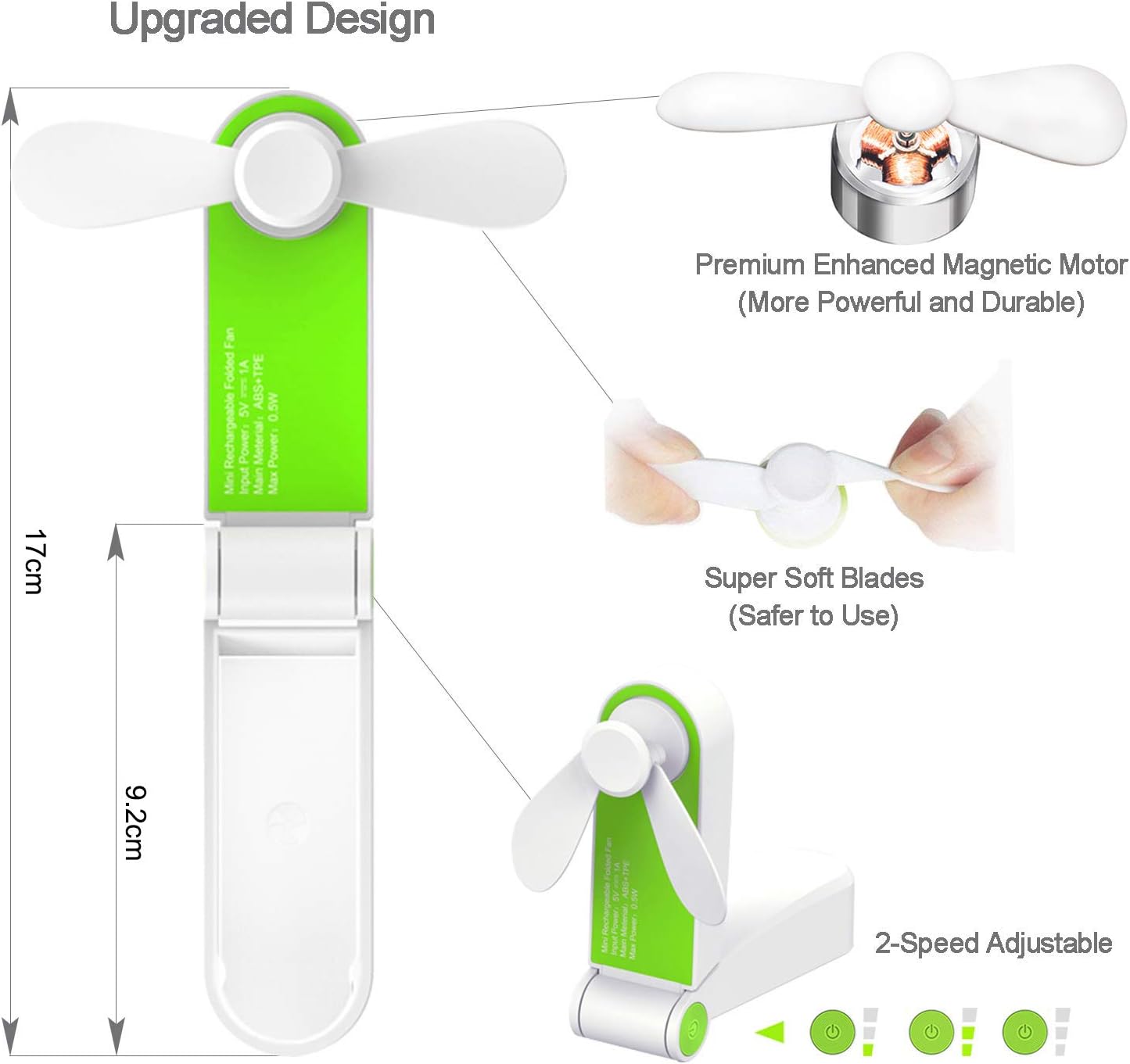 Handheld Fan Mini Electric Hand Held Fans,Hand Fan Rechargeable Portable Folding USB Fans Battery Operated Small Desk Fan Foldable Pocket Quiet Fan for Home Office Travel Outdoor (Green)