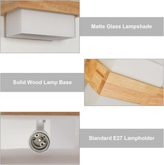 Modern LED Wall Light Indoor, Creative Square Wooden Wall Lamp with Glass Shade, Elegant Wall Sconce for Bedroom, Living Room, Hallway, Dining Room, and Stairs, E27