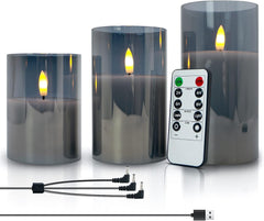 Set of 3 Rechargeable Flameless Candles – Gray Glass, Timer & Remote, Flickering LED, 4.1