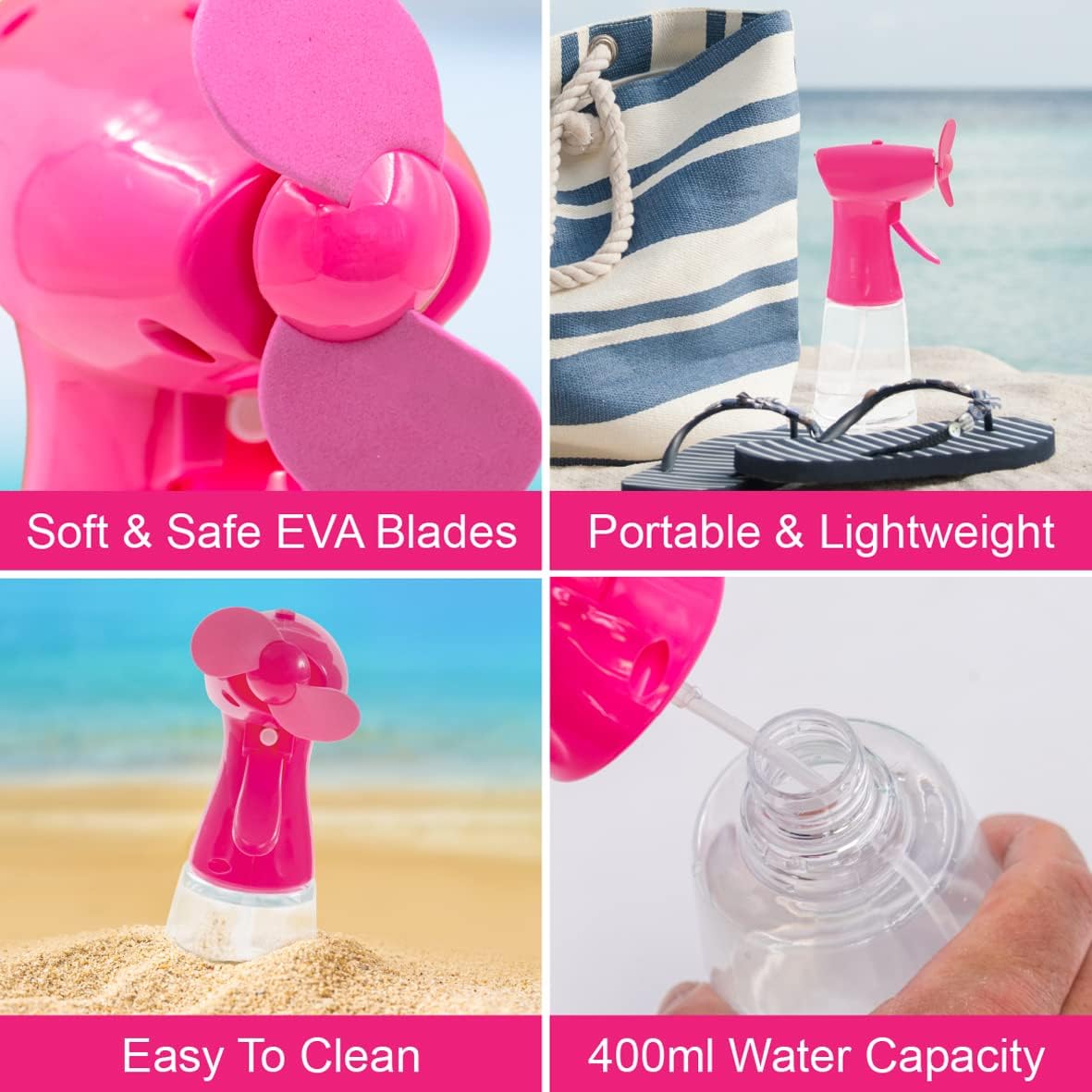 Benross 40249 Water Mist Spray Fan/Handheld Cooling Device/Portable For Holidays, Beach Trips, Sports Events, Office Use & Travel Use/Pink Colour