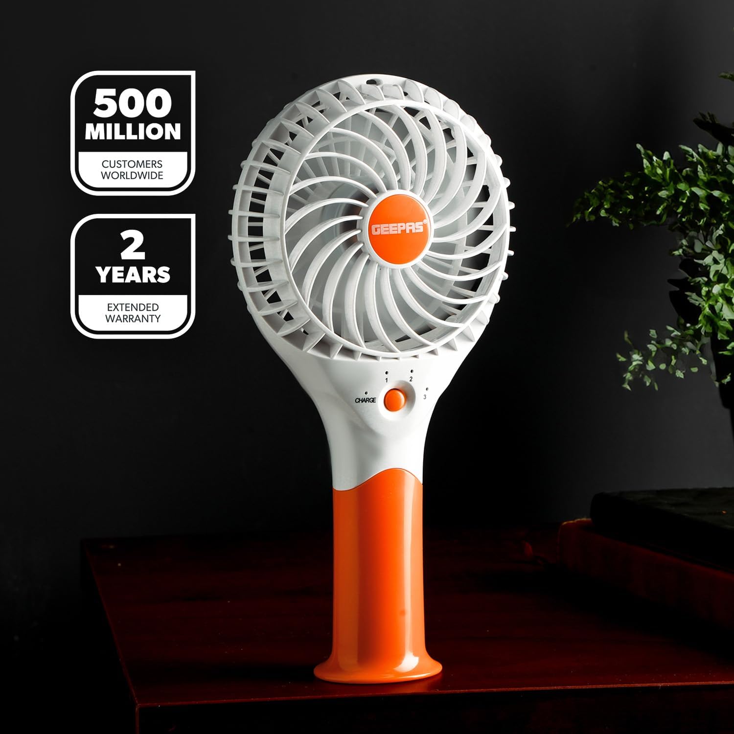 GEEPAS Rechargeable Fan | Mini Portable USB Handheld Fan for Home Office Travel Outdoor Personal Use | 3 Speed Settings 8Hr Run Time | Ultra Quiet Lightweight Air Circulator | 2 Year Warranty Orange