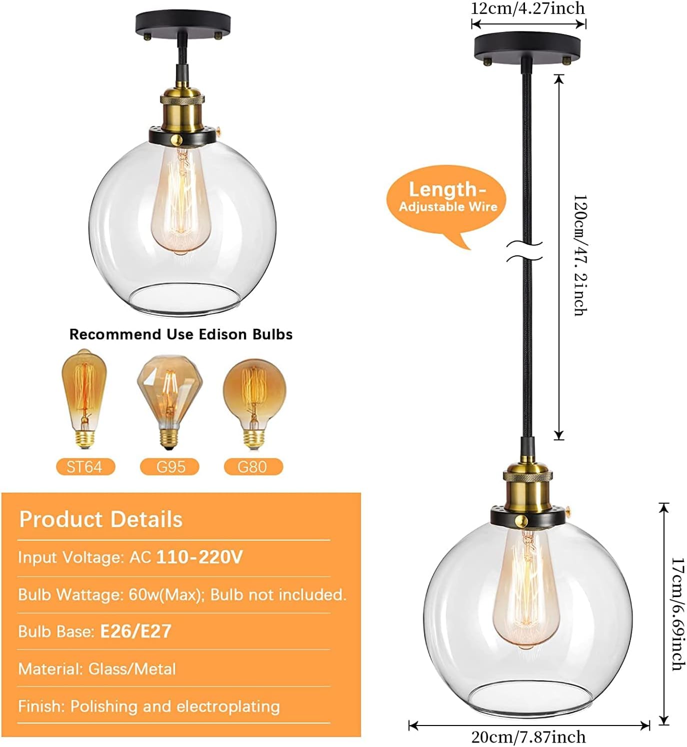 Vintage Pendant Light, 20cm Industrial Clear Glass Ceiling Hanging Fixture for Kitchen Island, Bedroom, Hallway