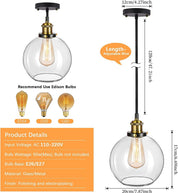 Vintage Pendant Light, 20cm Industrial Clear Glass Ceiling Hanging Fixture for Kitchen Island, Bedroom, Hallway