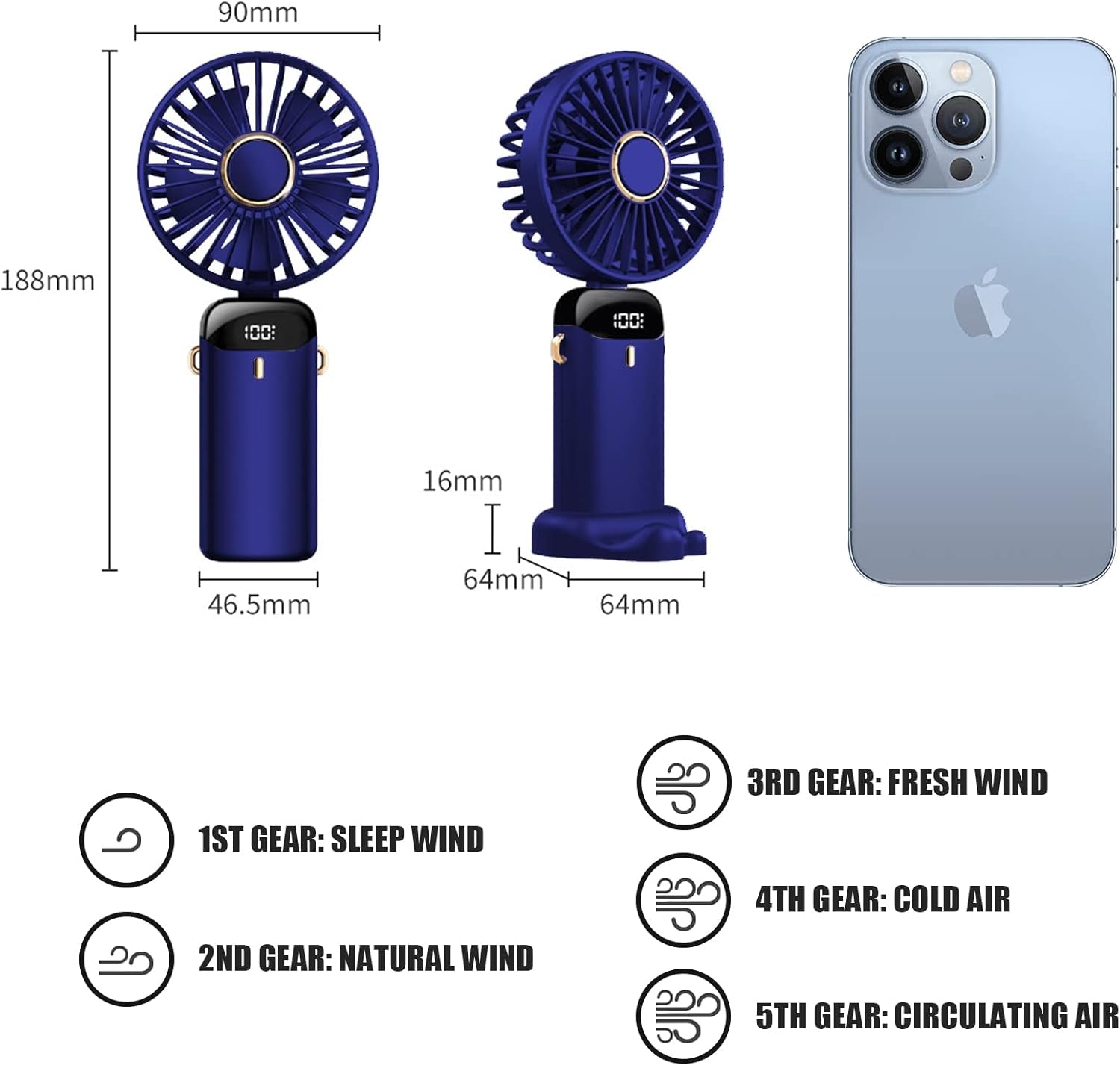 5 Speed USB Rechargeable Handheld Fan