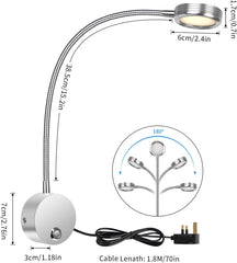 Floor lamp with flexible arm and measurements on a white background