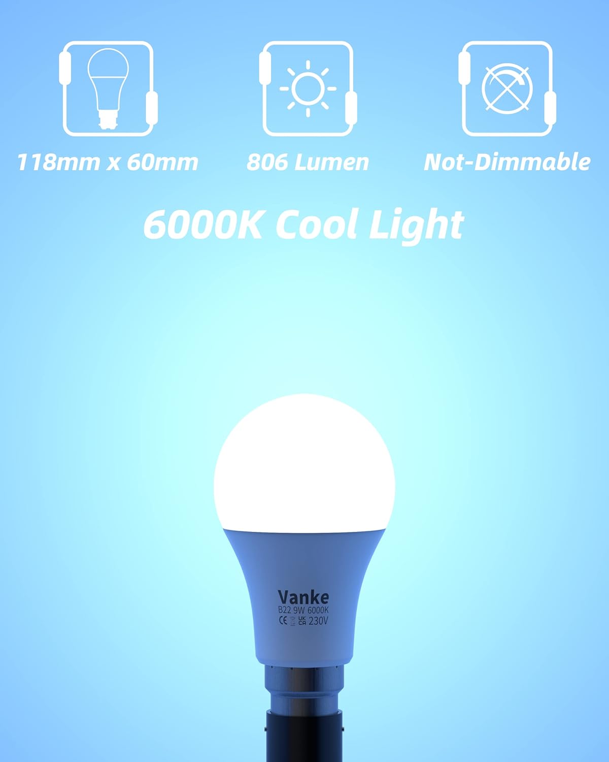 B22 LED Light Bulb 9W 6000K Cool White 6 Pack