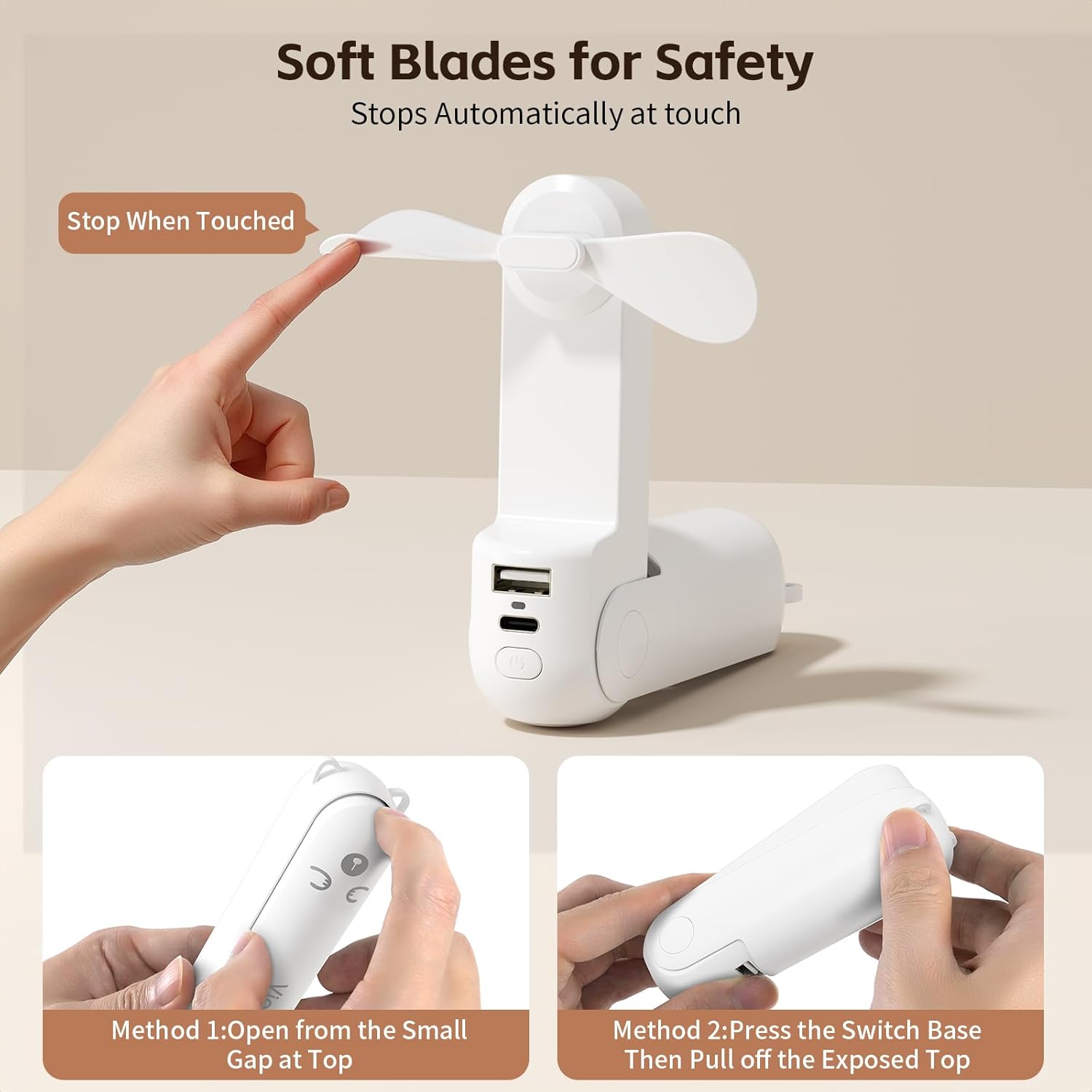 Mini Handheld Fan,USB Rechargeable 3 IN 1 Personal Cooler Fans with Power Bank,LED Flashlight,Small Foldable Pocket Fan-Travel & Emergency Essentials for Outdoor Portable Cooling Fan (White)