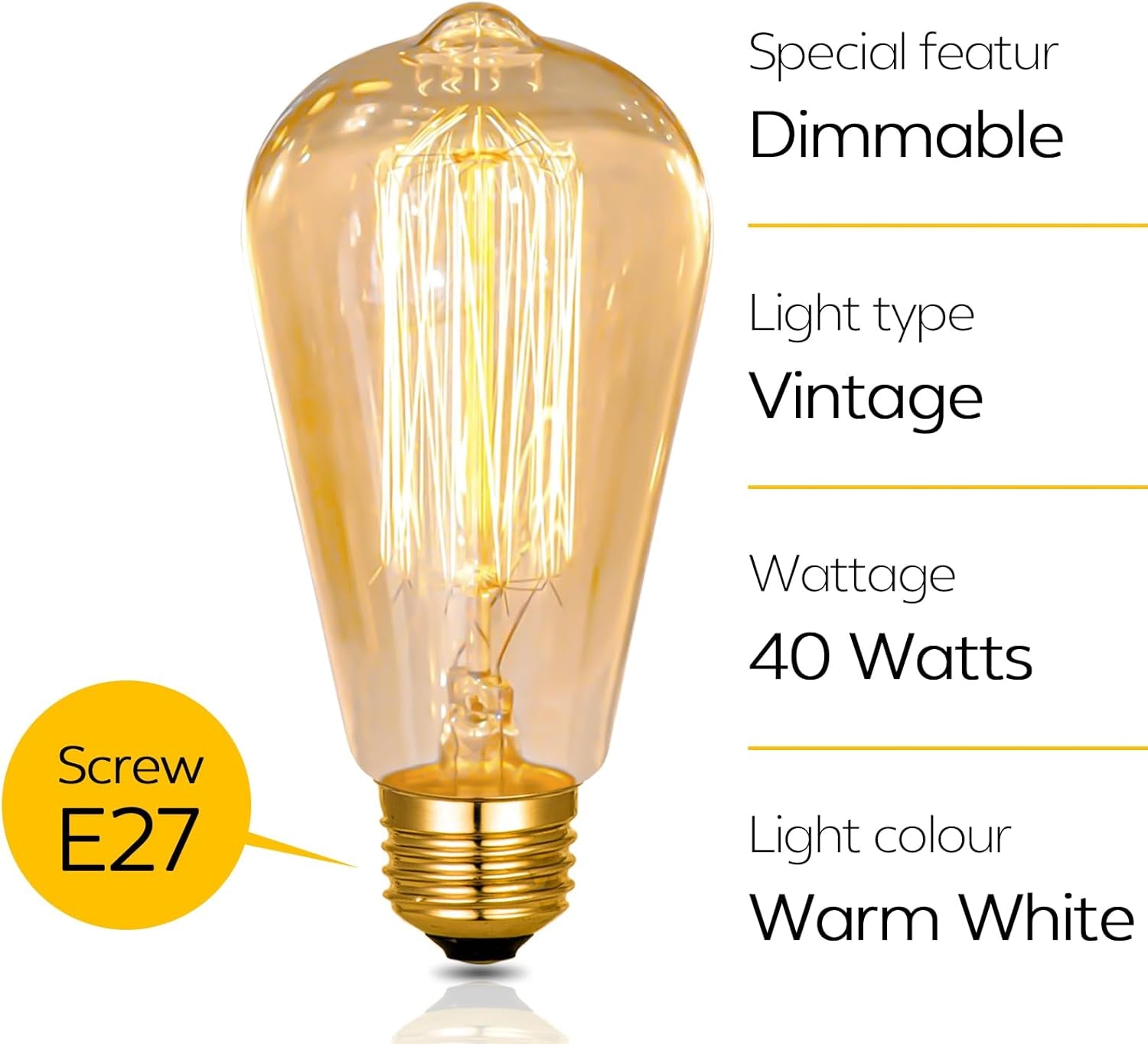 E27 Vintage Edison Bulb 40W Dimmable Warm White Pack of 6