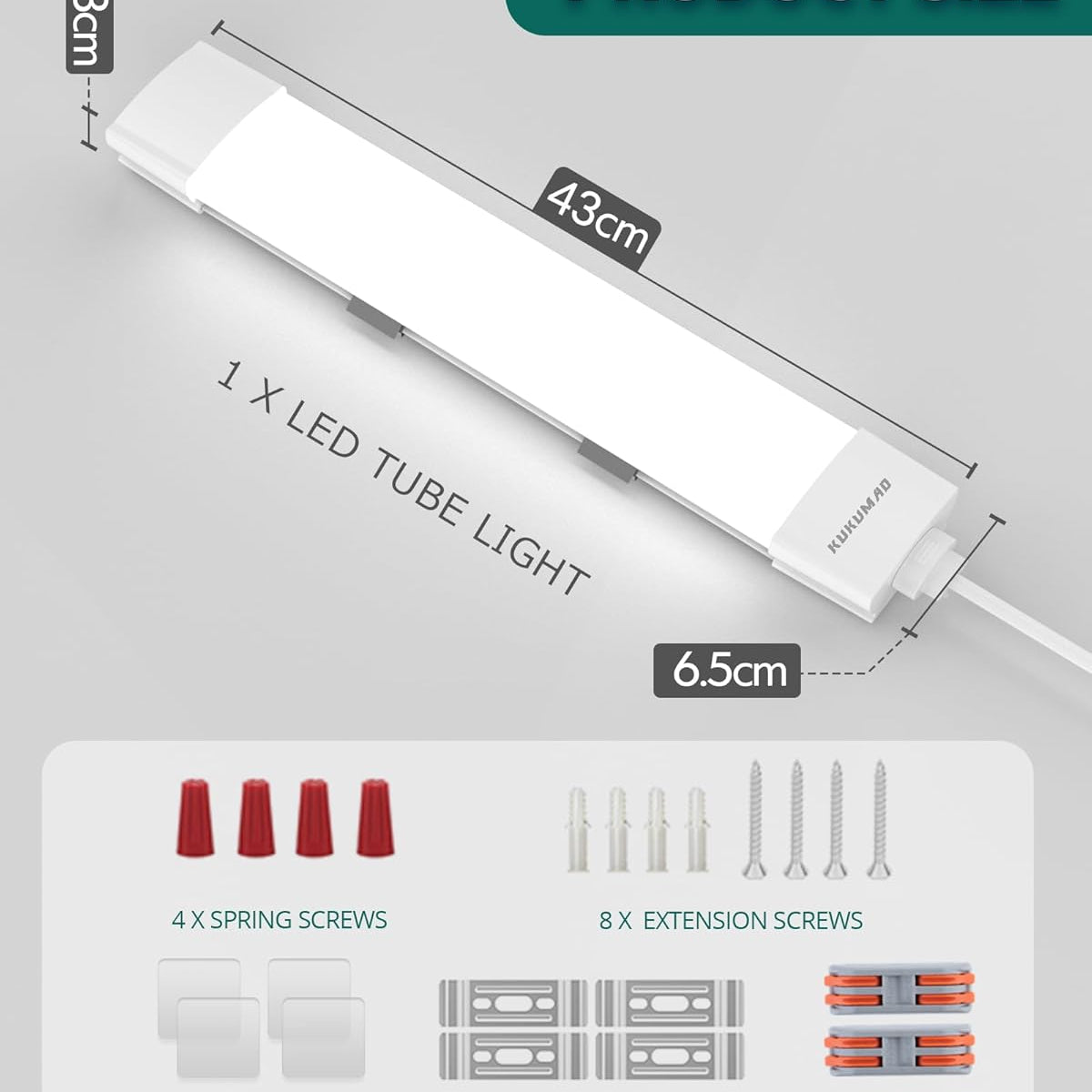 LED tube light with dimensions and components displayed on a gray background