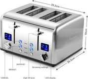 4 Slice Stainless Steel Toaster – Silver | LED Display, 4 Extra-Wide Slots, 6 Browning Levels, Defrost & Reheat