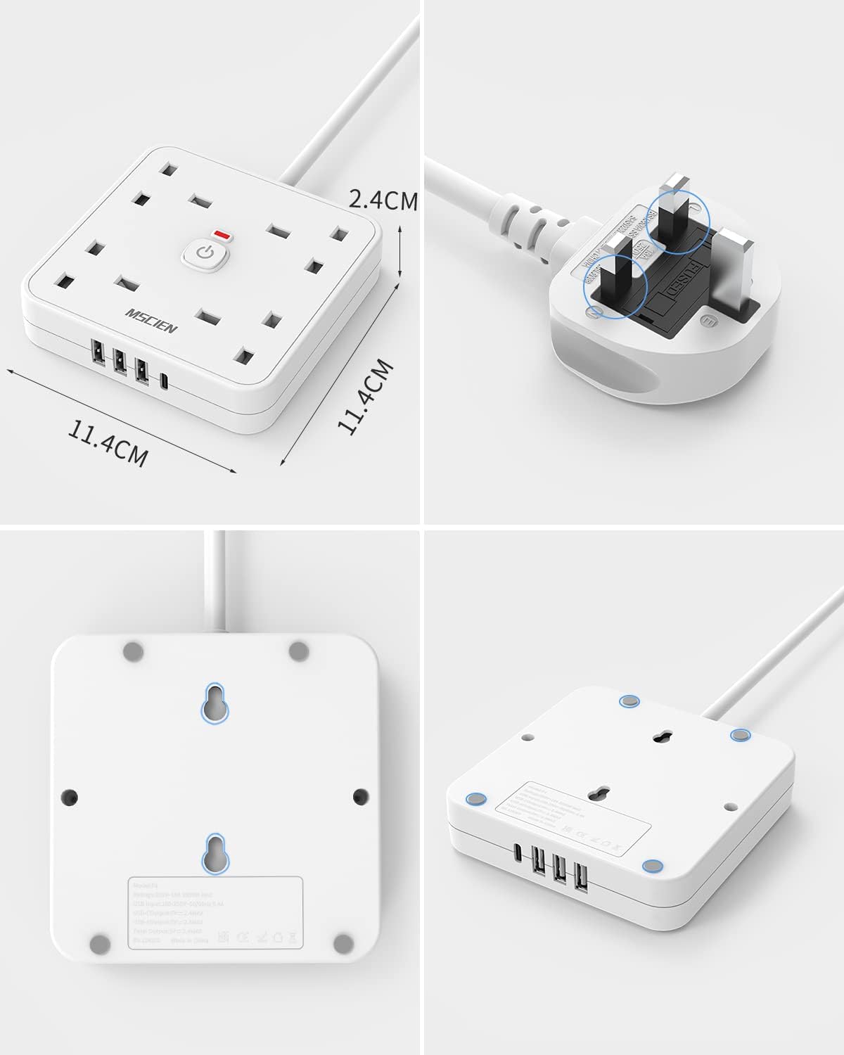 5M 4 Gang Extension Lead with USB C and 3 USB A Ports, Wall Mount Power Strip