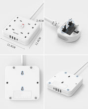 5M 4 Gang Extension Lead with USB C and 3 USB A Ports, Wall Mount Power Strip