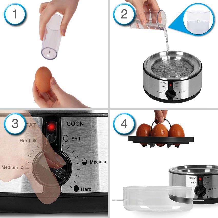 Electric Egg Boiler EB35 BK 7-Egg Steamer & Poacher Machine with Omelette Trays – Black & Stainless Steel