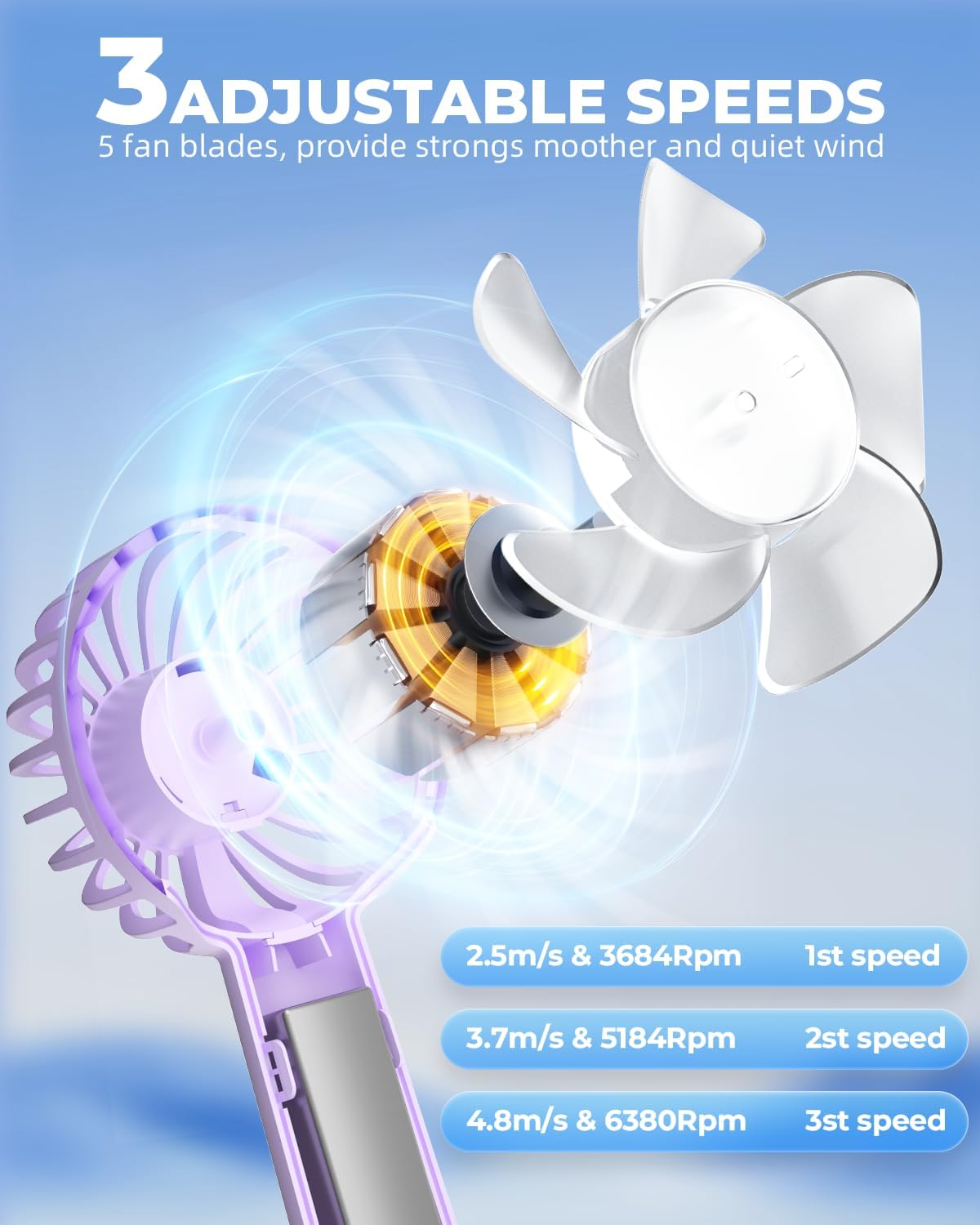 Mini Portable Handheld Fan 1800mAh 3 Speeds Light Purple