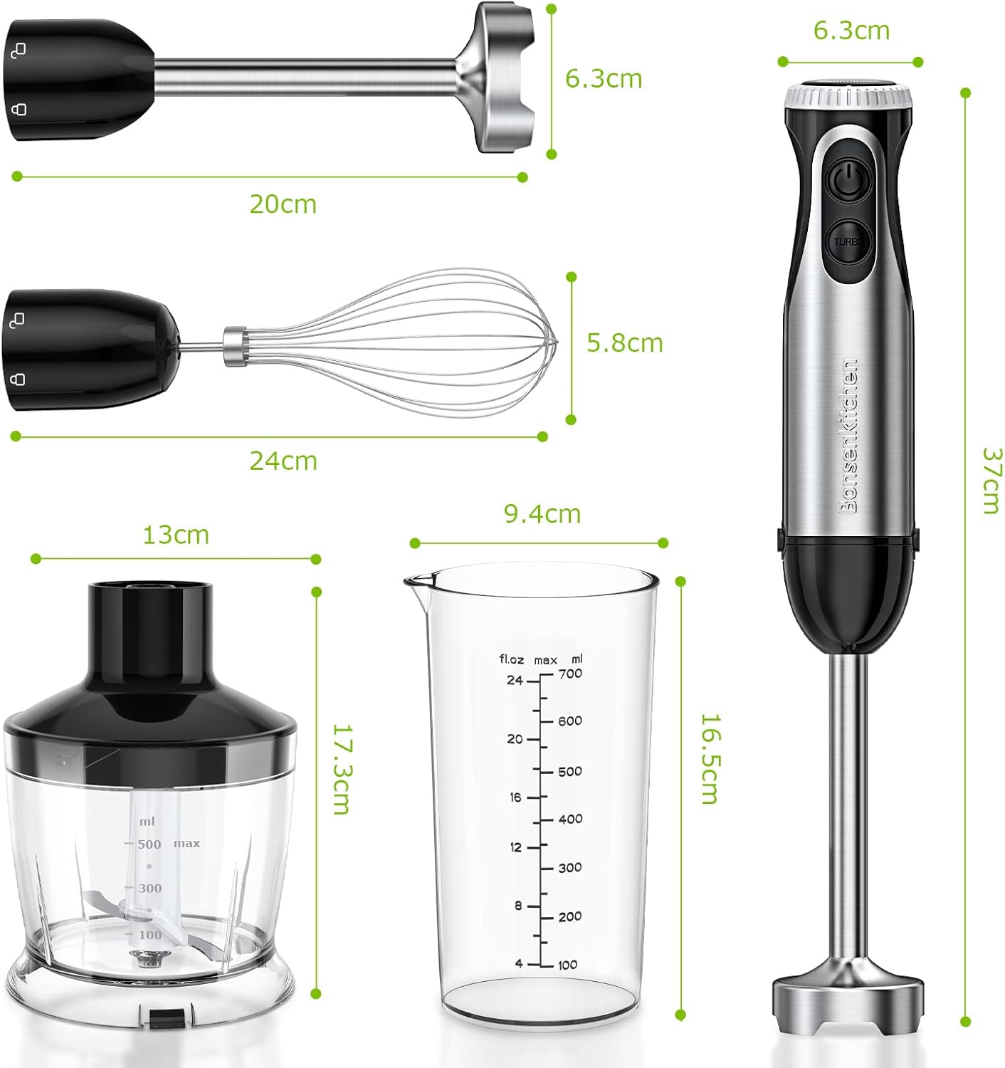 Stainless Steel Hand Blender 1000W – 4-in-1 Stick Blender with 20 Speeds, Whisk, 500ml Chopper & 700ml Measuring Cup (HB3203)