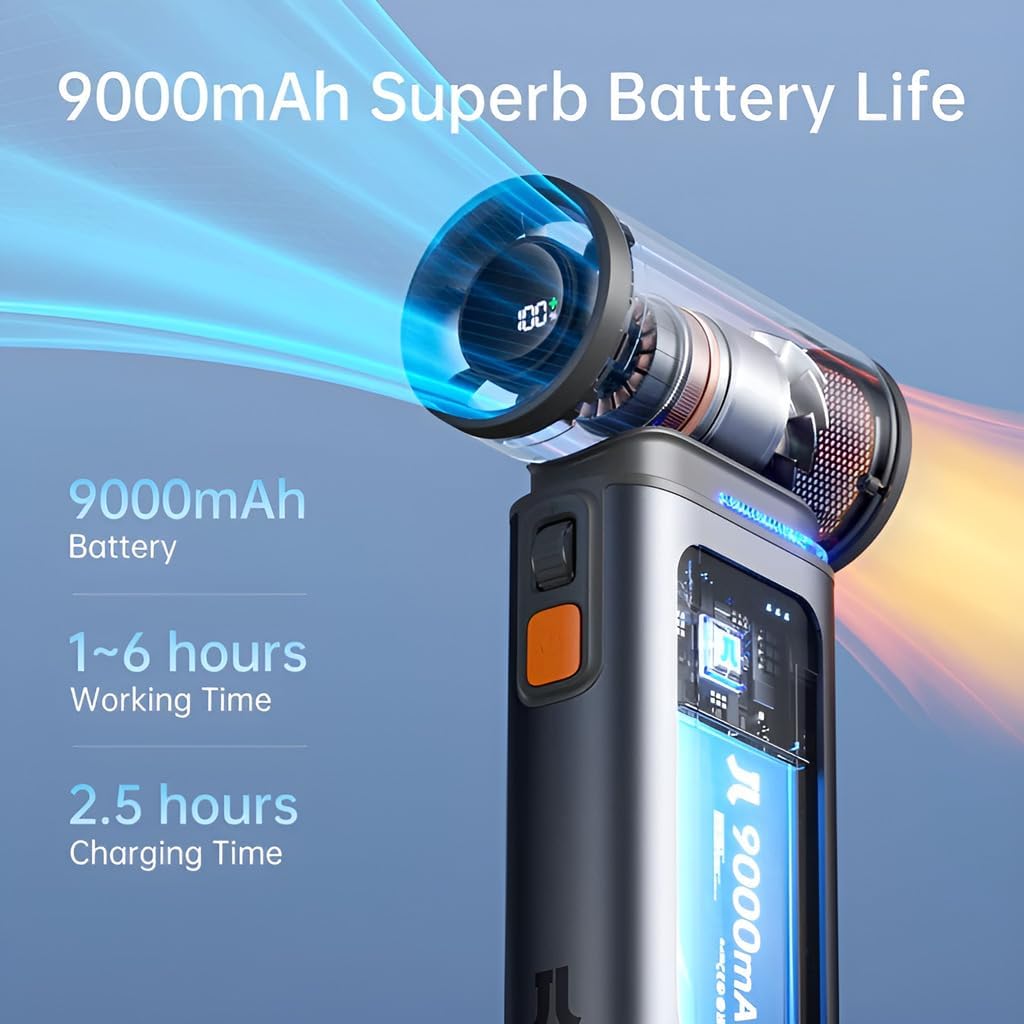 JISULIFE Portable Handheld Turbo Fan, 100 Speeds Adjustable Mini Personal Fan, 9000mAh USB Rechargeable Battery Operated, LED Display, Metal Shell with Accessories Gifts for Men Women Travel- Grey