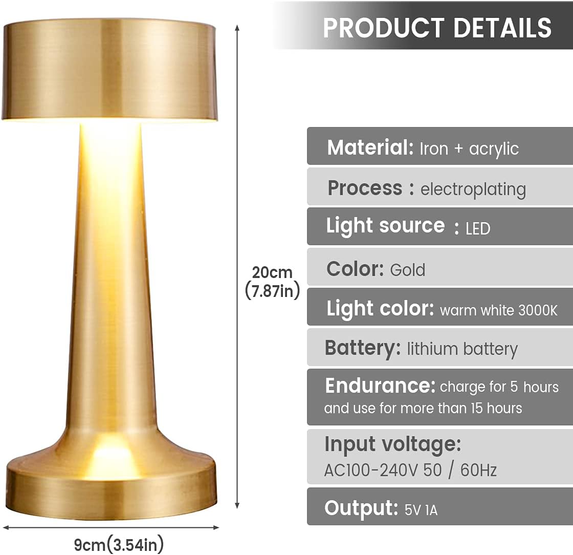 Cordless Table Lamp – Rechargeable LED Desk Lamp with Touch Control, 3-Level Warm Dimming Metal Bedside Reading Light for Bedroom & Dining