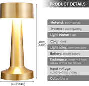 Cordless Table Lamp – Rechargeable LED Desk Lamp with Touch Control, 3-Level Warm Dimming Metal Bedside Reading Light for Bedroom & Dining