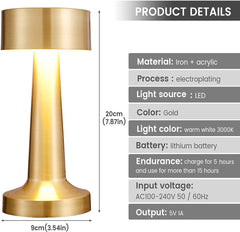 Cordless Table Lamp – Rechargeable LED Desk Lamp with Touch Control, 3-Level Warm Dimming Metal Bedside Reading Light for Bedroom & Dining