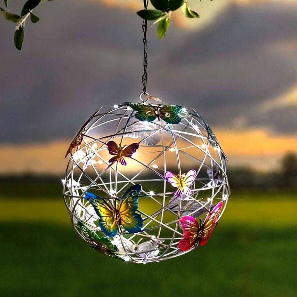 2 Pack Solar Garden Light Decoration, Hanging Butterfly Ball Solar Lights, Waterproof Solar Lanterns for Yard Garden Pathway Balcony Outdoor Ornament (Colorful Light)