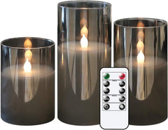 Gray Glass LED Candles with Remote – Battery Operated, Flickering Flameless, 3-Pack for Home Decor (D3