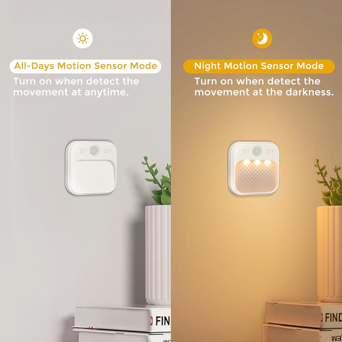 Two motion sensor modes on a wall with text explaining 'All-Days Motion Sensor Mode' and 'Night Motion Sensor Mode'.