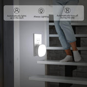 Smart night light on a staircase with user interface icons and text.