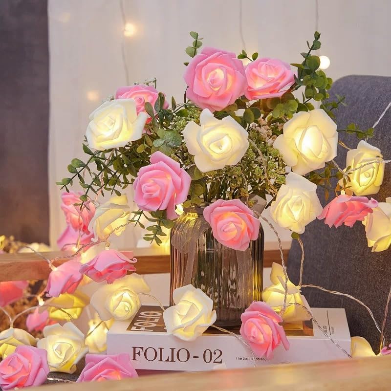 Pink Rose Flower Fairy String Lights 6M with 40 LEDs, Battery Operated Decorative Lights for Romantic Indoor and Outdoor Décor
