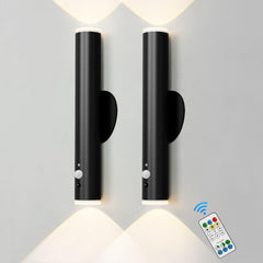 Two black wall lights with remote control on a gray background