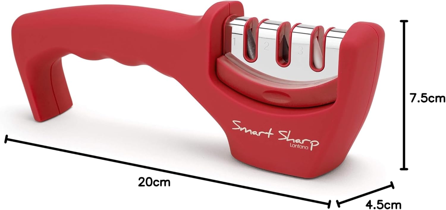 Smart Sharp 3-Stage Knife Sharpener – Professional Manual Kitchen Knife Sharpening Tool with Ceramic Stone, Tungsten Carbide, and Diamond Rods – Ergonomic Non-Slip Design, Red/Chrome Finish