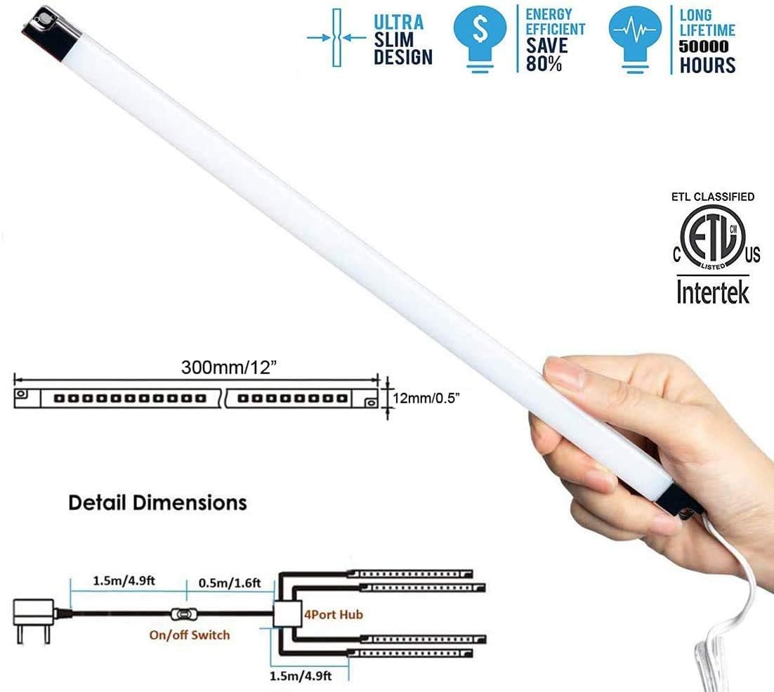 Light Strip Bars Kit 4X30cm Cool White 6000K Cabinet Shelf Display Lighting UK Plug