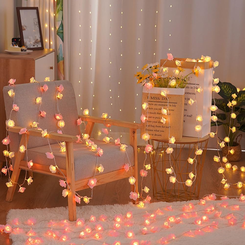 Pink Rose Flower Fairy String Lights 6M with 40 LEDs, Battery Operated Decorative Lights for Romantic Indoor and Outdoor Décor