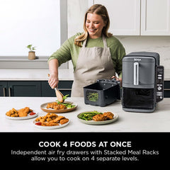Double Stack XL Air Fryer with Dual Drawers, 9.5L Capacity, 6 Cooking Functions, 4 Levels, Space-Saving Design – Grey