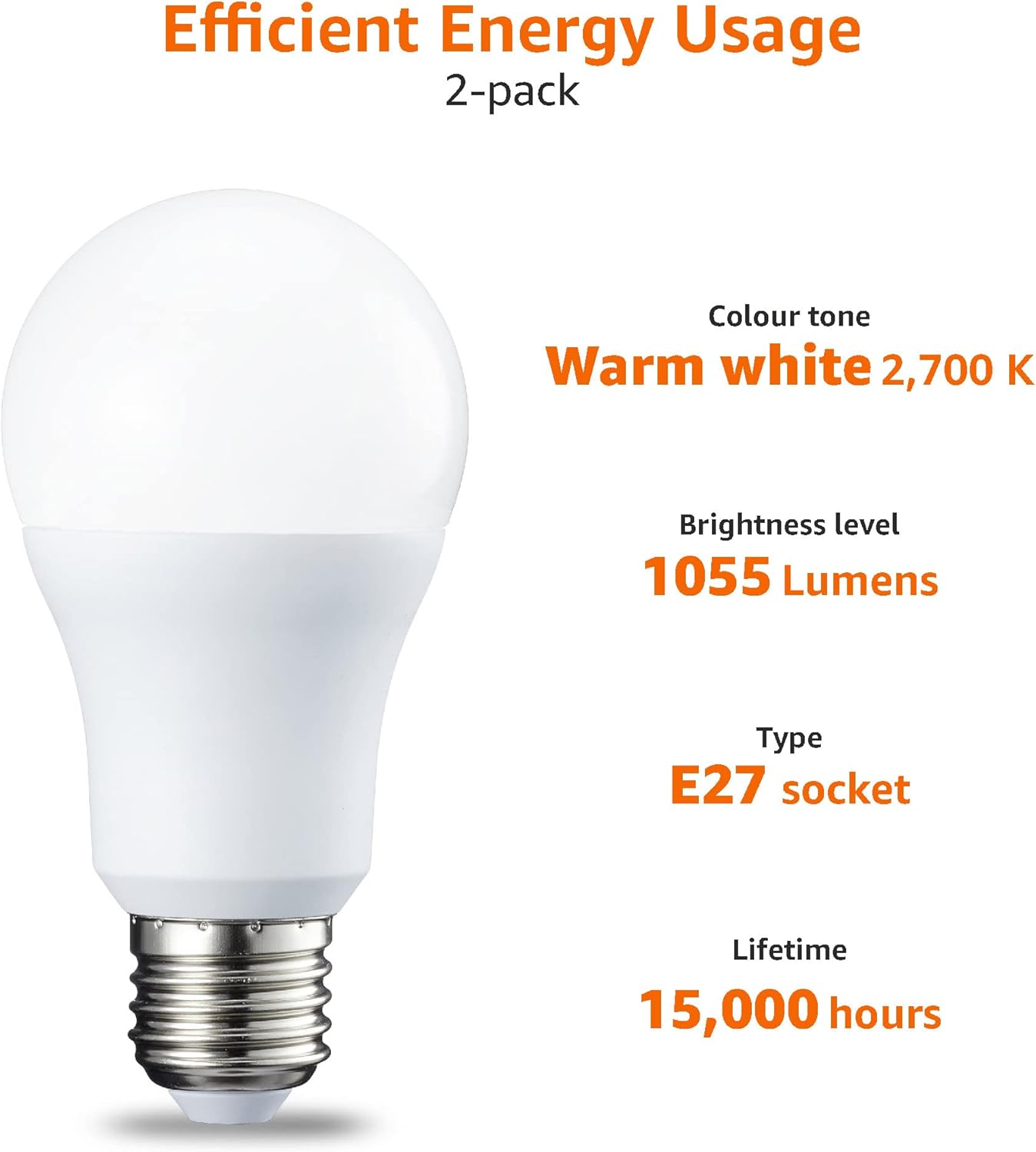 10.5W LED E27 Bulb Warm White 1055lm Non-Dimmable Pack of 2