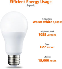 10.5W LED E27 Bulb Warm White 1055lm Non-Dimmable Pack of 2