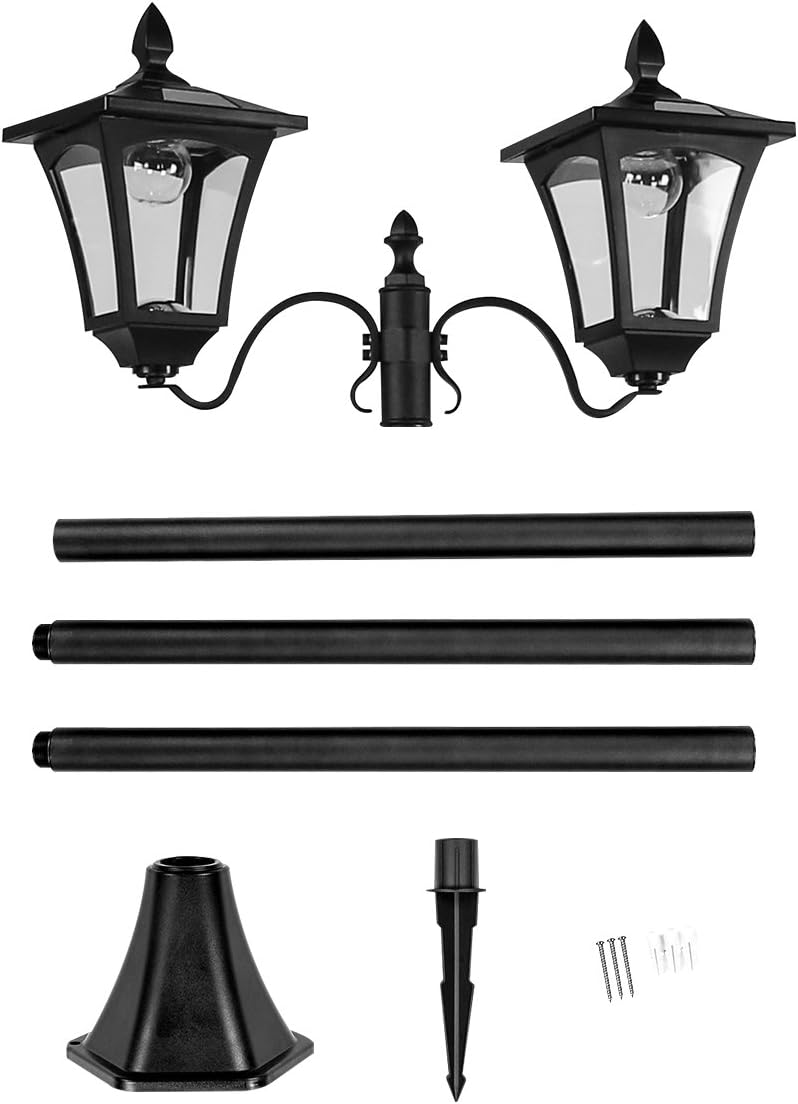 2.1m (7ft) Large Black Twin Head Solar-Powered Victorian-Style Security Lamp Post - Traditional White LED Filament Outdoor Garden Decorative Lighting